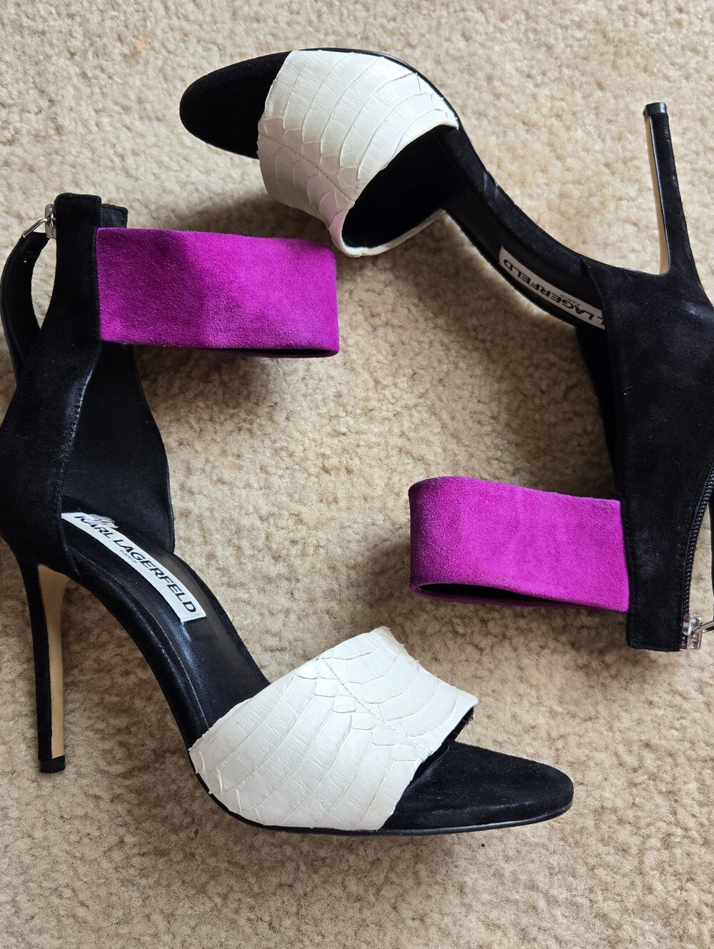 Karl Lagerfeld two-piece leather sandals high stiletto heels 7.5 purple white